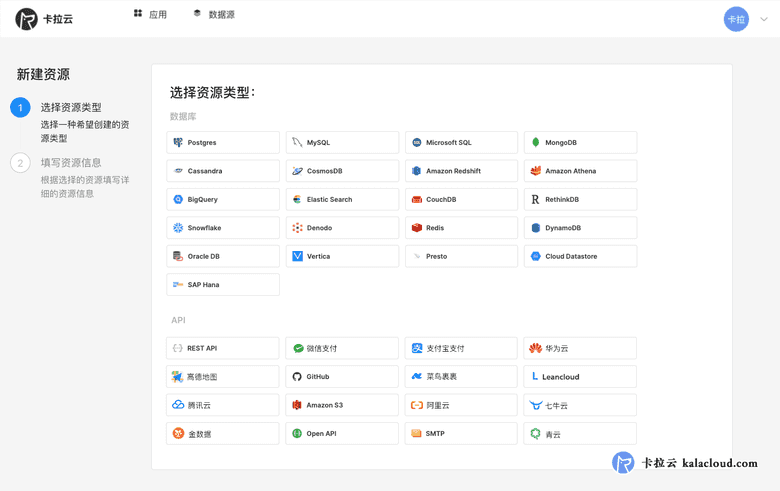 卡拉云可快速接入常见的数据库及API